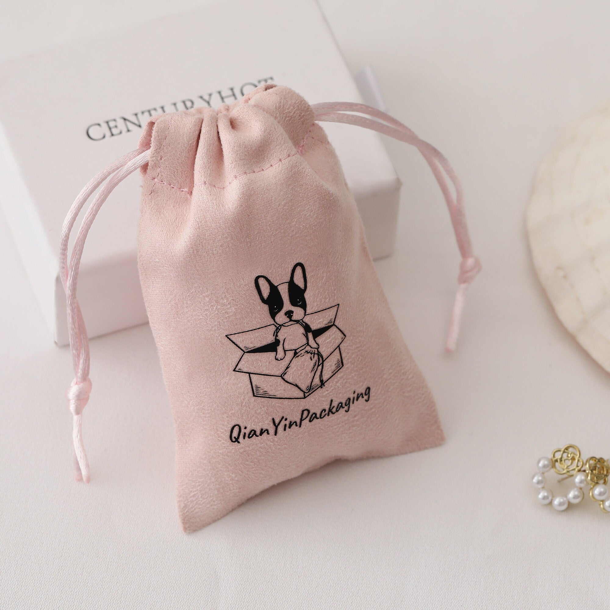 Personalized Pink Suede Drawstring Bag: Custom Logo Jewelry Pouch-zoom-1