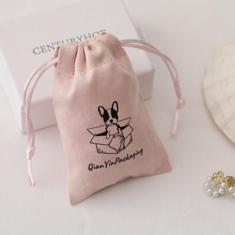 Personalized Pink Suede Drawstring Bag: Custom Logo Jewelry Pouch-zoom-