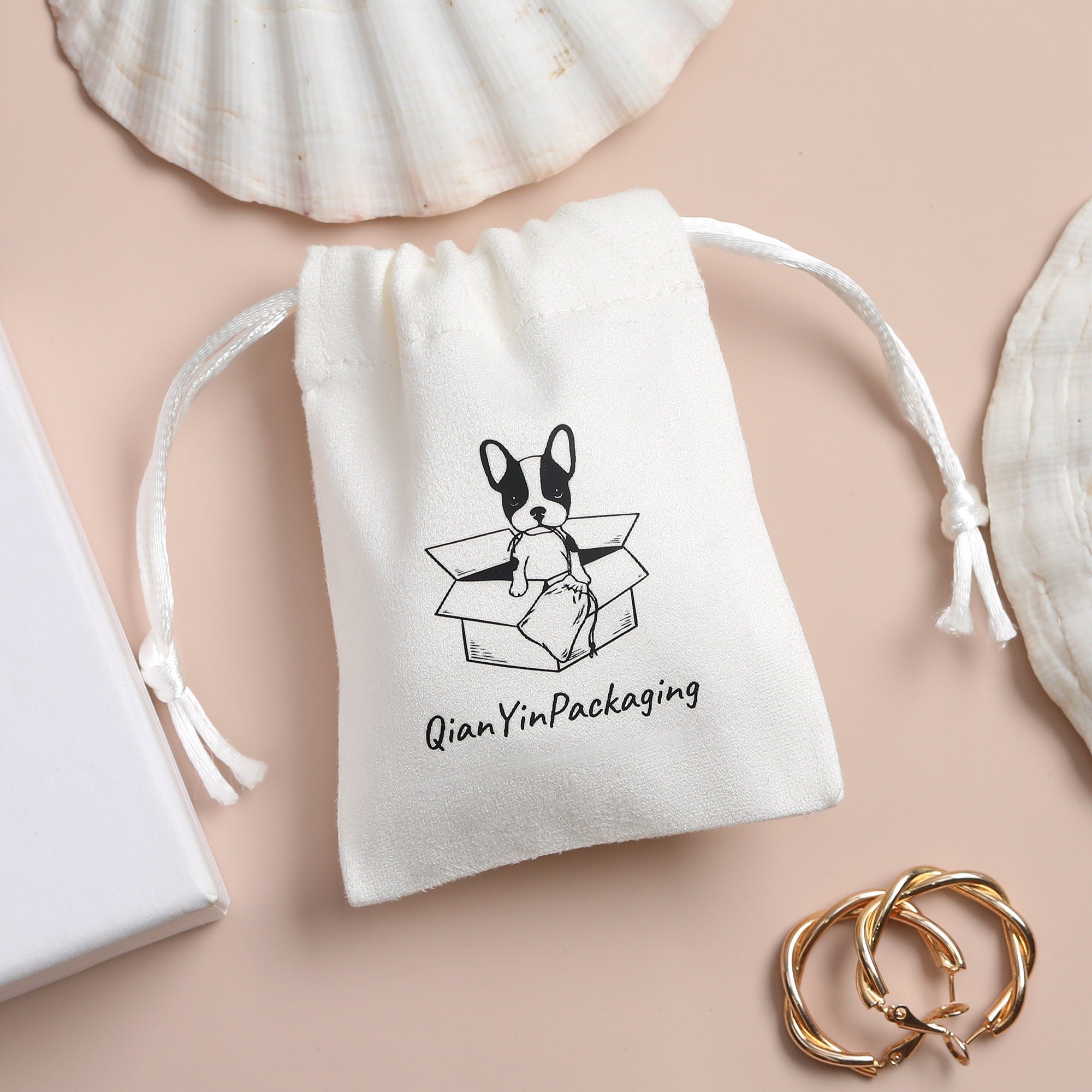 Custom Logo White Drawstring Suede Bag, Jewelry Packaging