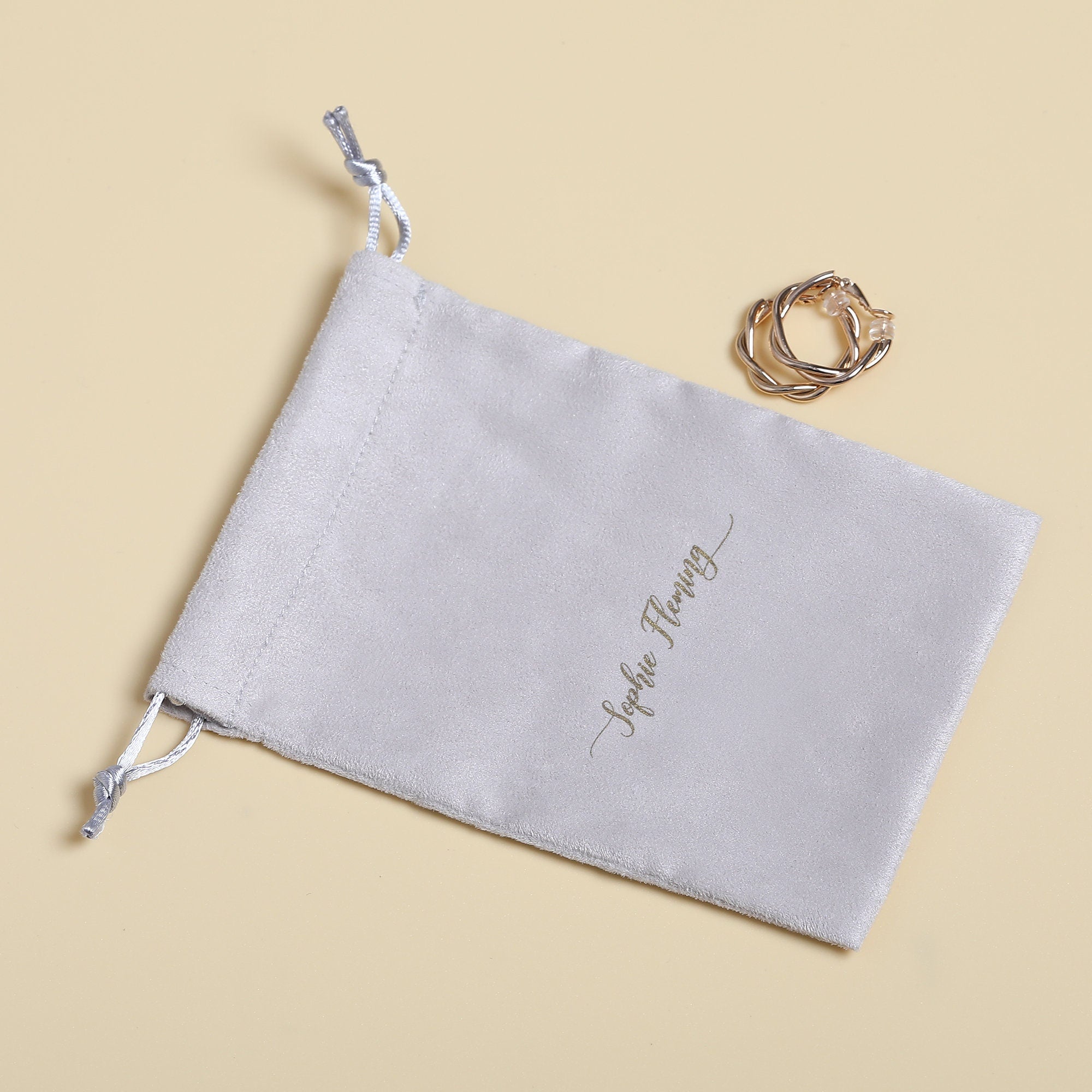 Personalized Gray Flannel Drawstring Bag, Custom Logo Jewelry Packaging-zoom-2