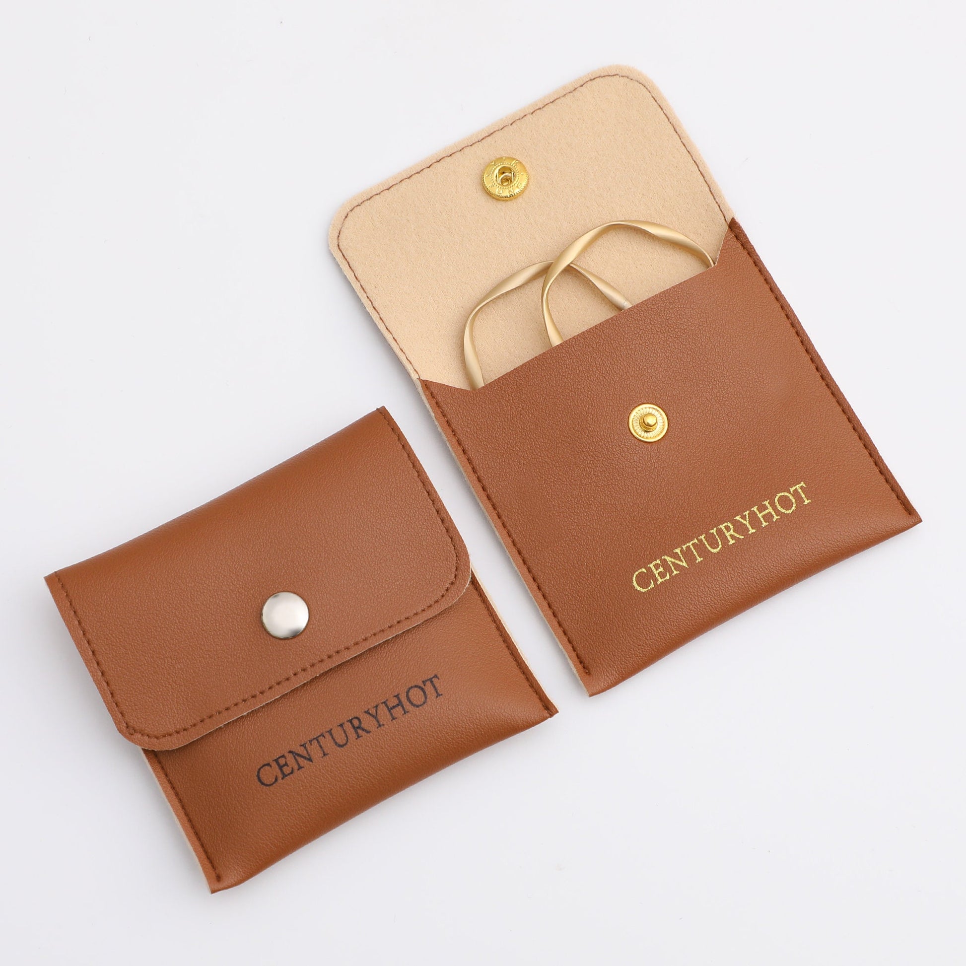 Custom Embossed Logo Jewelry Packaging Bags, Faux Leather Snap Closure-3