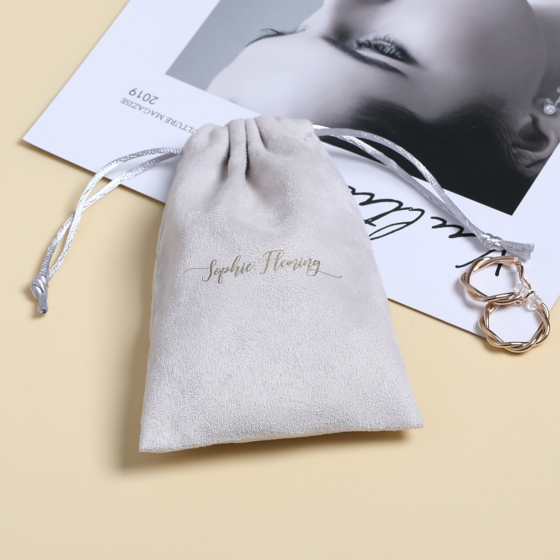 Personalized Gray Flannel Drawstring Bag, Custom Logo Jewelry Packaging-5