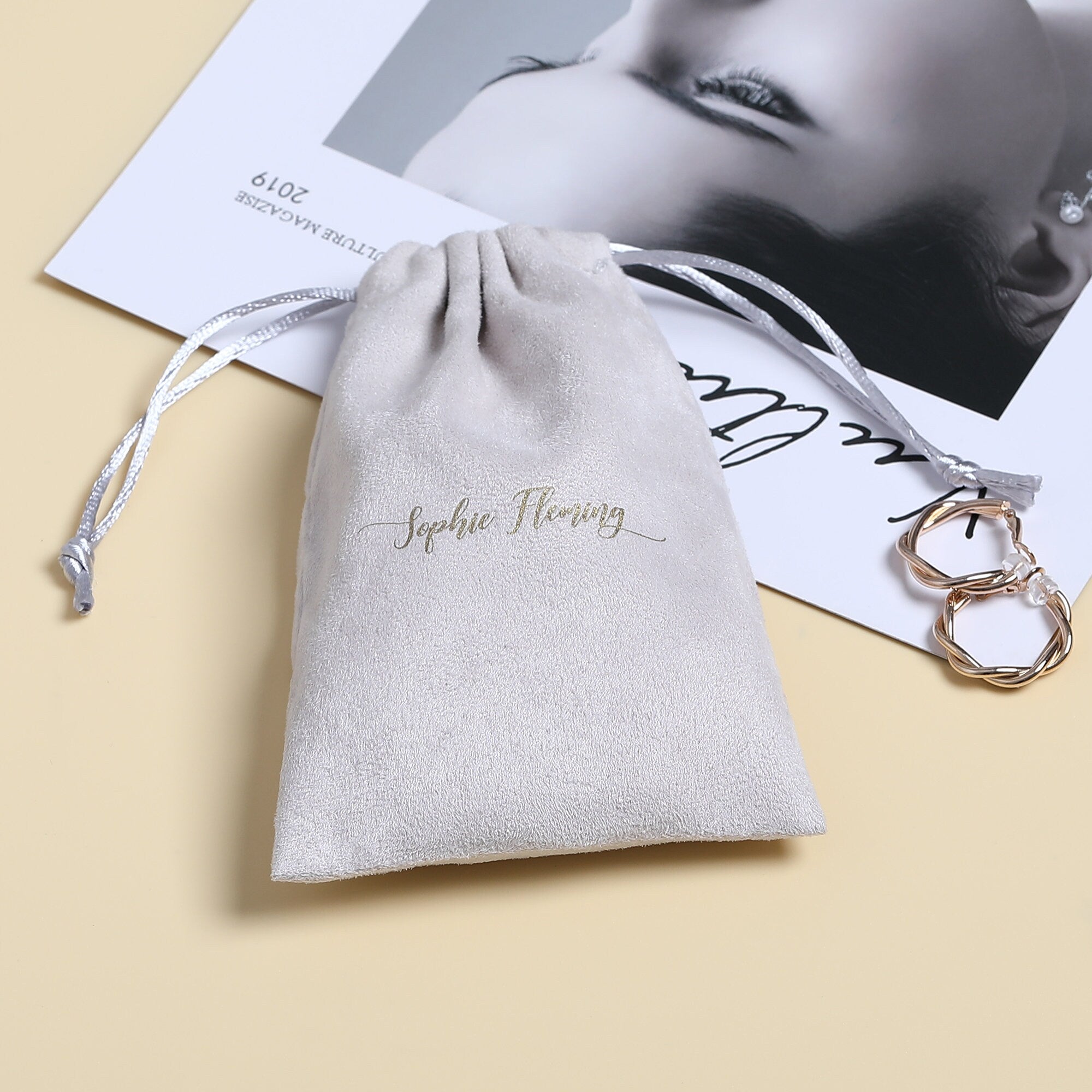 Personalized Gray Flannel Drawstring Bag, Custom Logo Jewelry Packaging-zoom-5