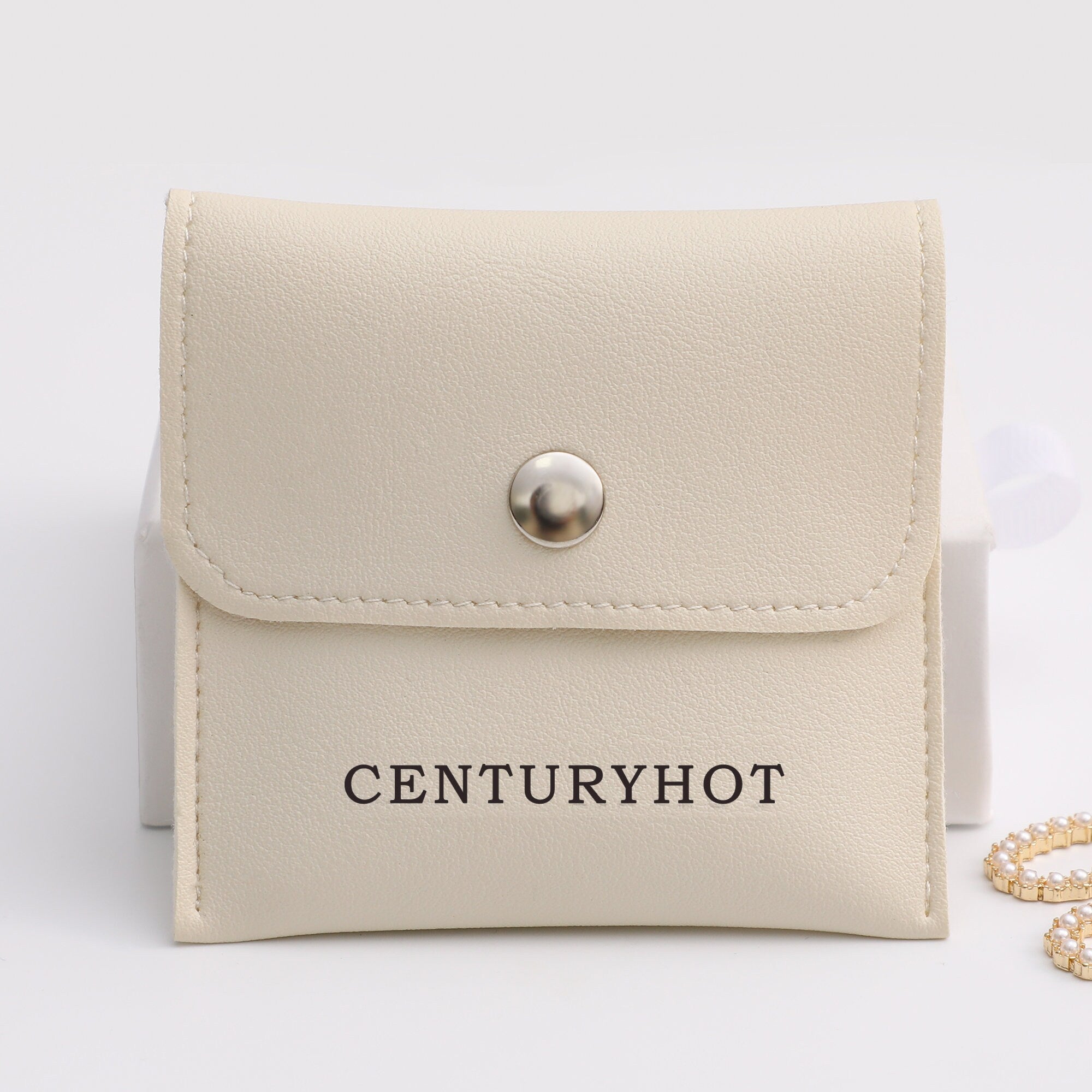 50 Faux Leather Bag Cream Jewelry pouch, Snap Pocket, Custom Logo PU Bag-zoom-6