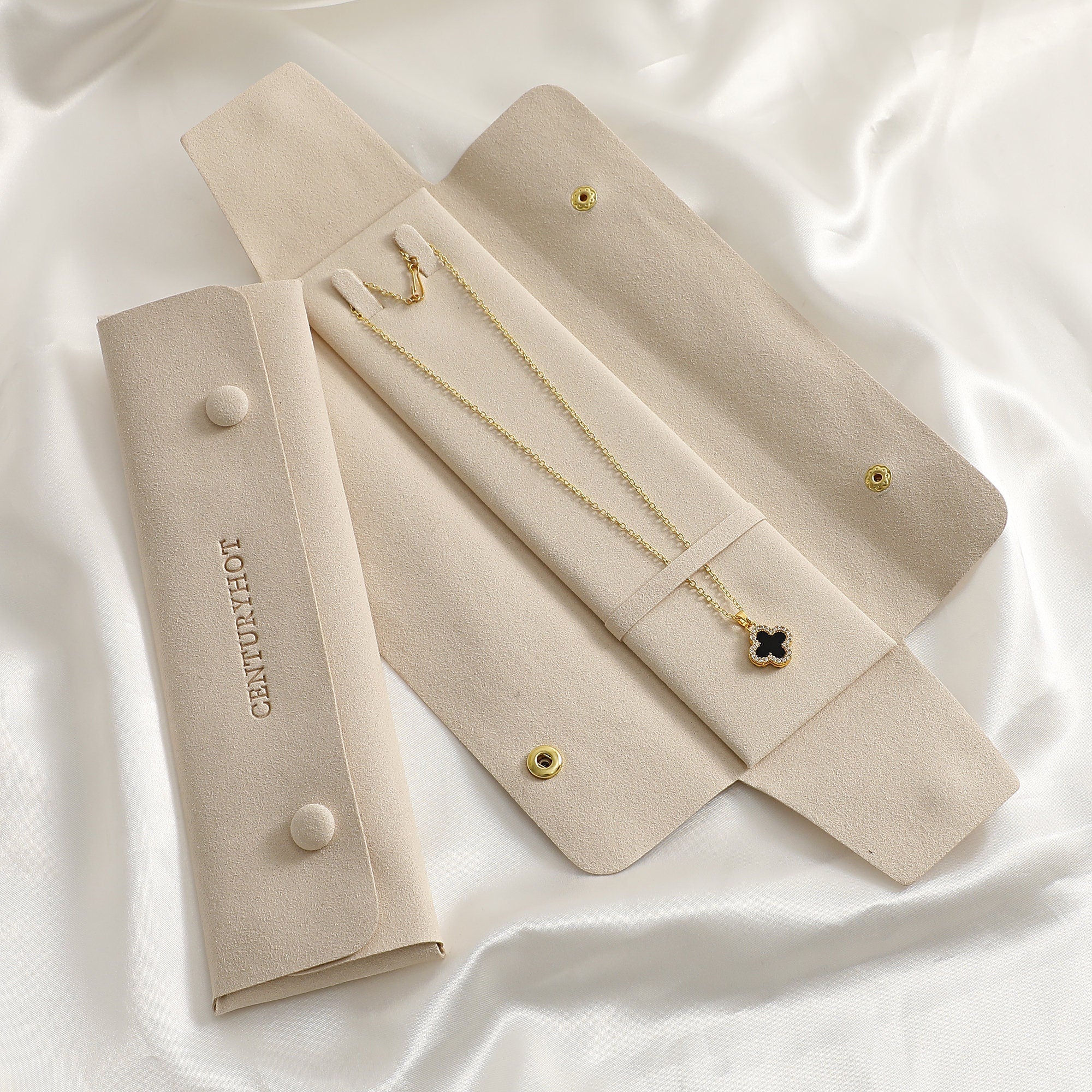 Ivory Microfiber Necklace Packaging Bag with Gold Snaps, Custom Logo-zoom-1