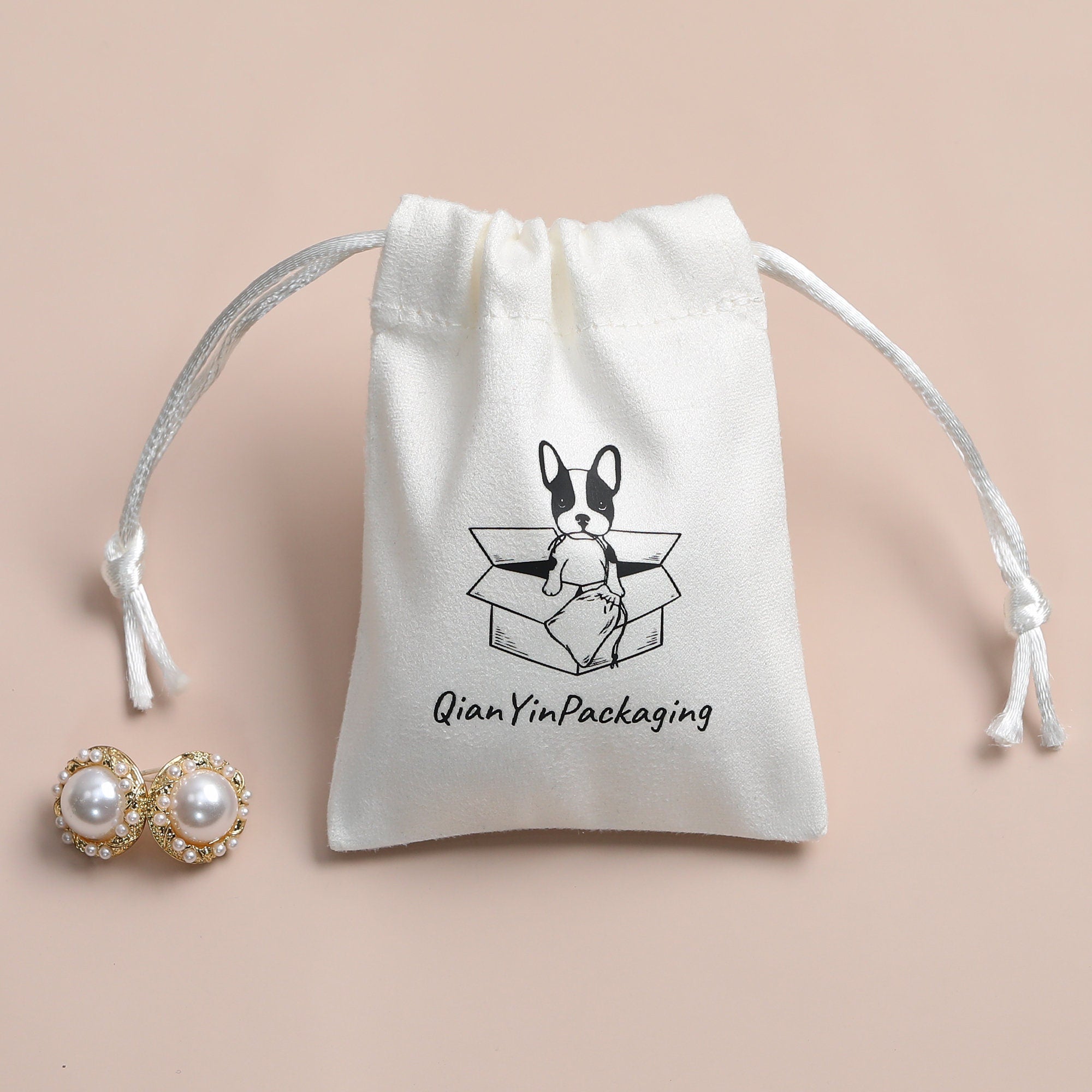 Custom Logo White Drawstring Suede Bag, Jewelry Packaging