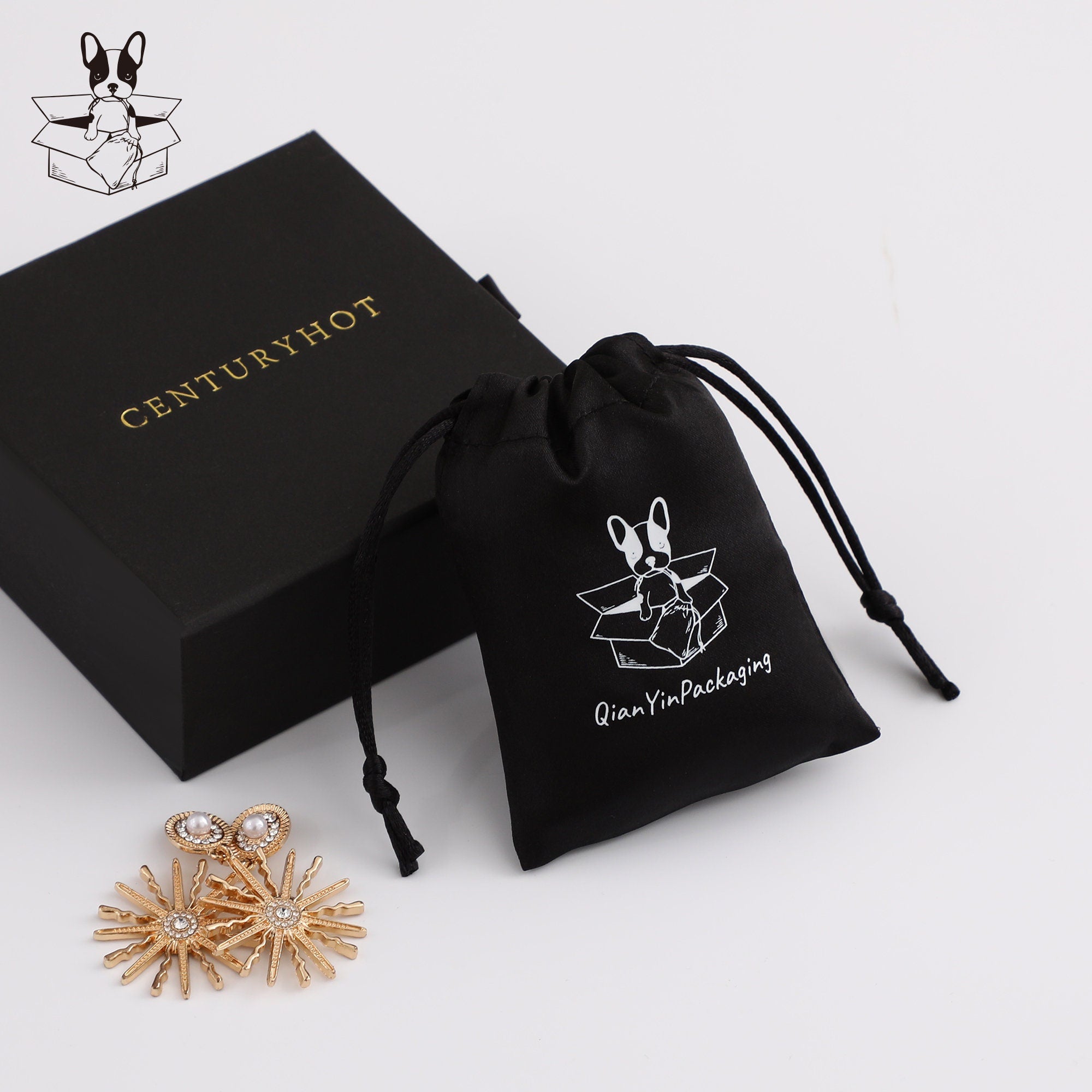Personalized Black Satin Drawstring Bag, Custom Logo Jewelry Pouch-zoom-7