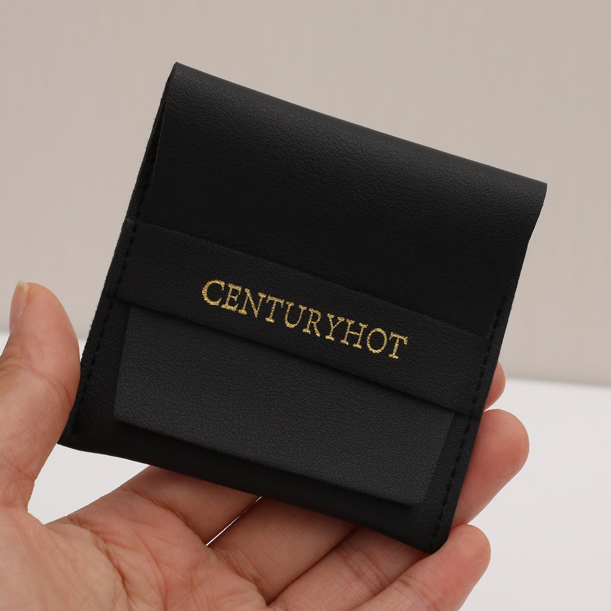 Personalized Logo Jewelry Pouch, Black Faux Leather Ring Pouch (8x8cm)-1