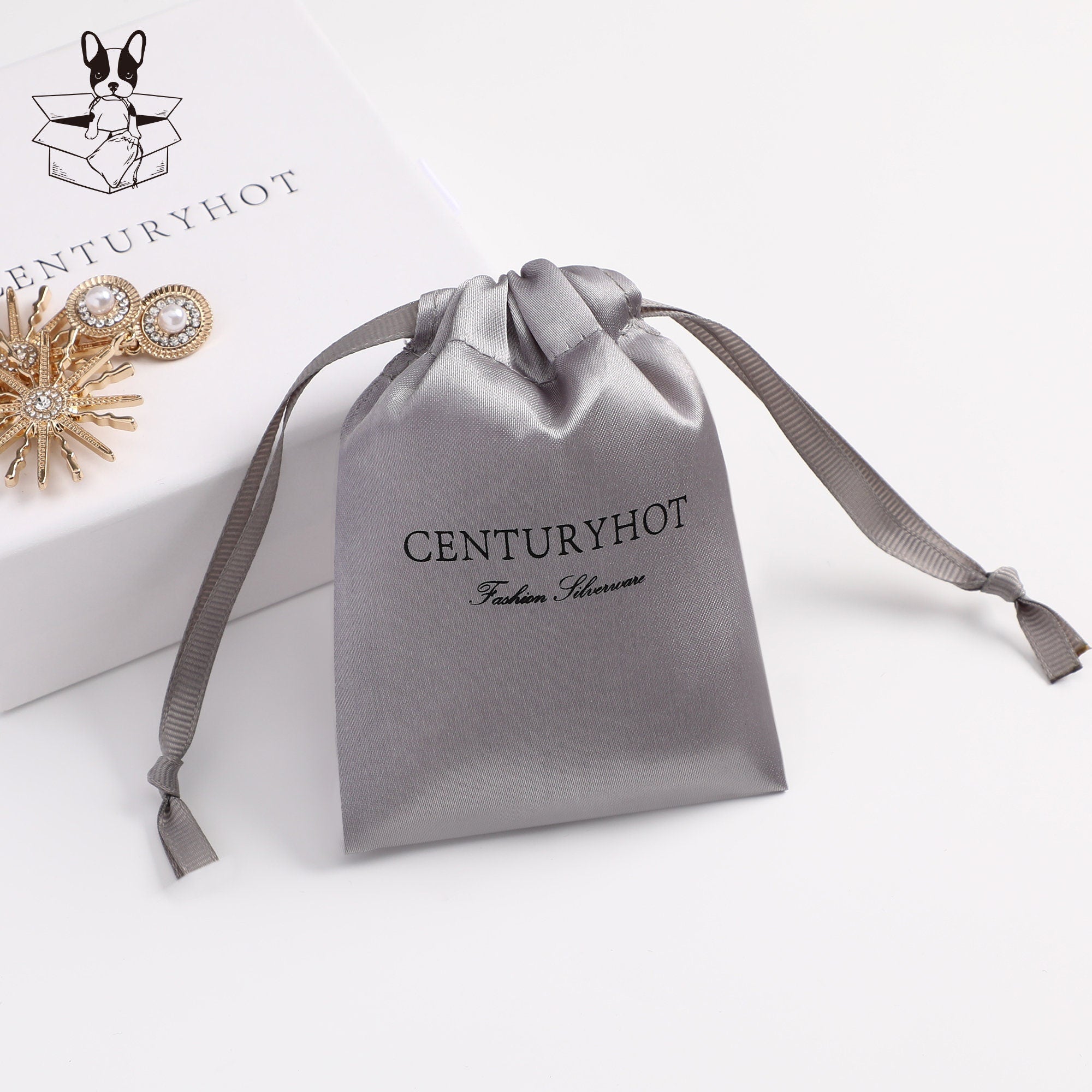 Custom Grey Satin Drawstring Pouch, Personalized Logo Jewelry Packaging