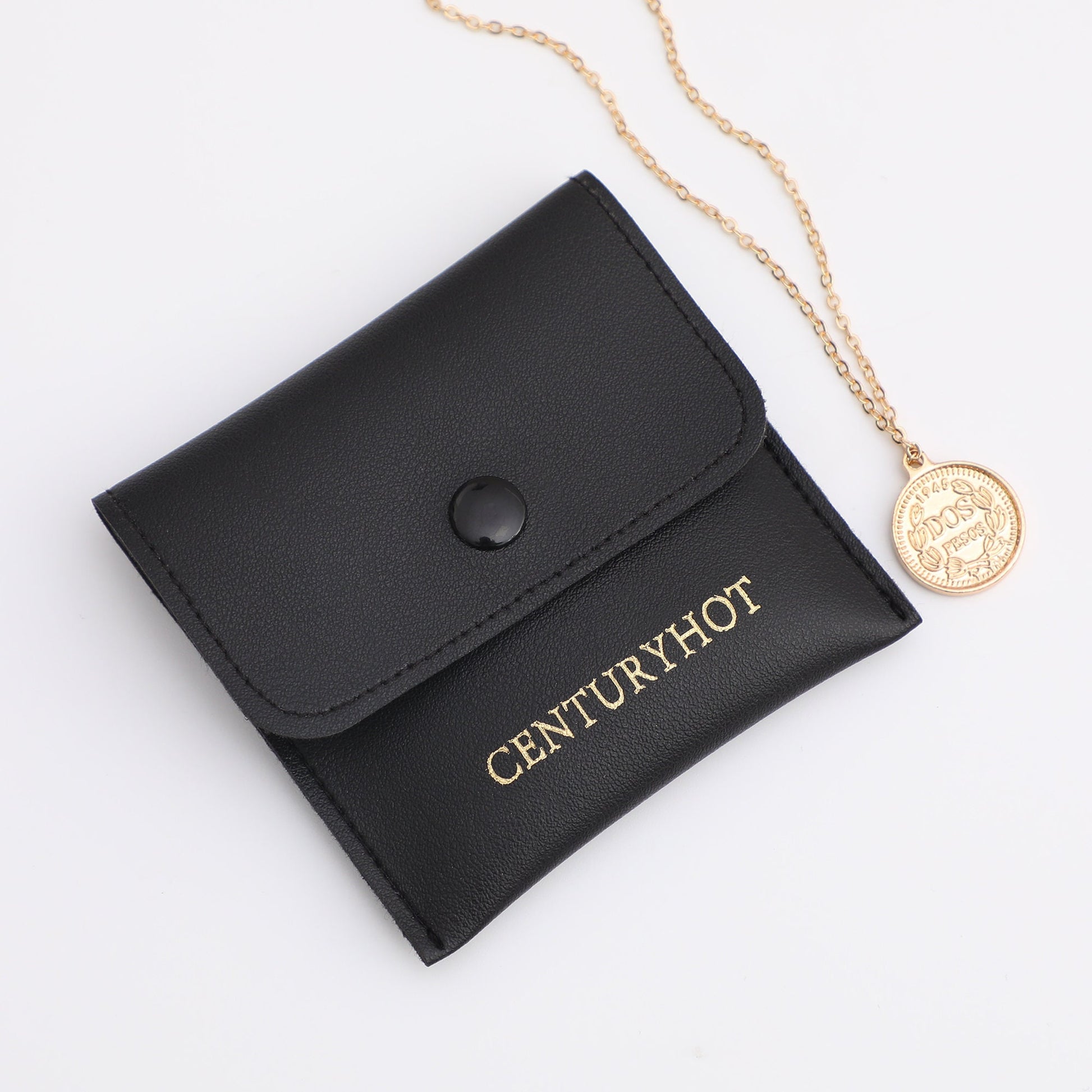 Custom Logo Black Faux Leather Jewelry Bags, Embossed Snap Bags-3