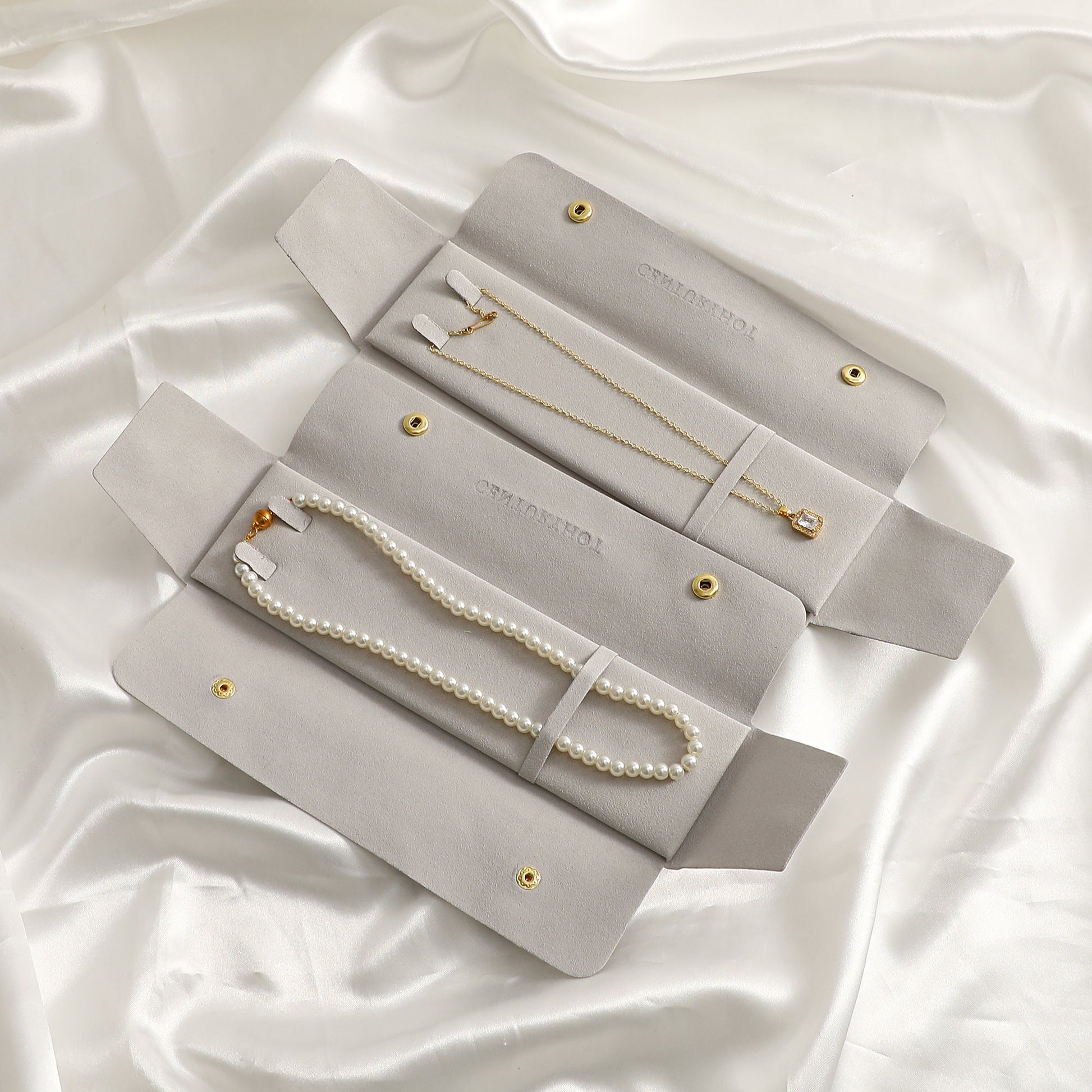 Ivory Microfiber Necklace Packaging Bag with Gold Snaps, Custom Logo-6