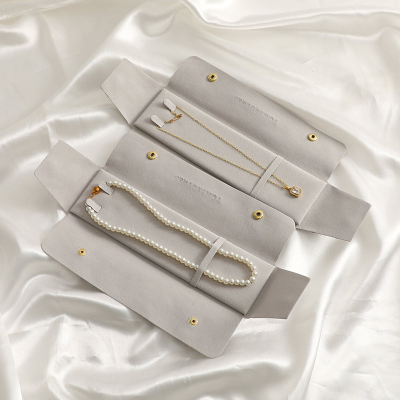 Ivory Microfiber Necklace Packaging Bag with Gold Snaps, Custom Logo-zoom-