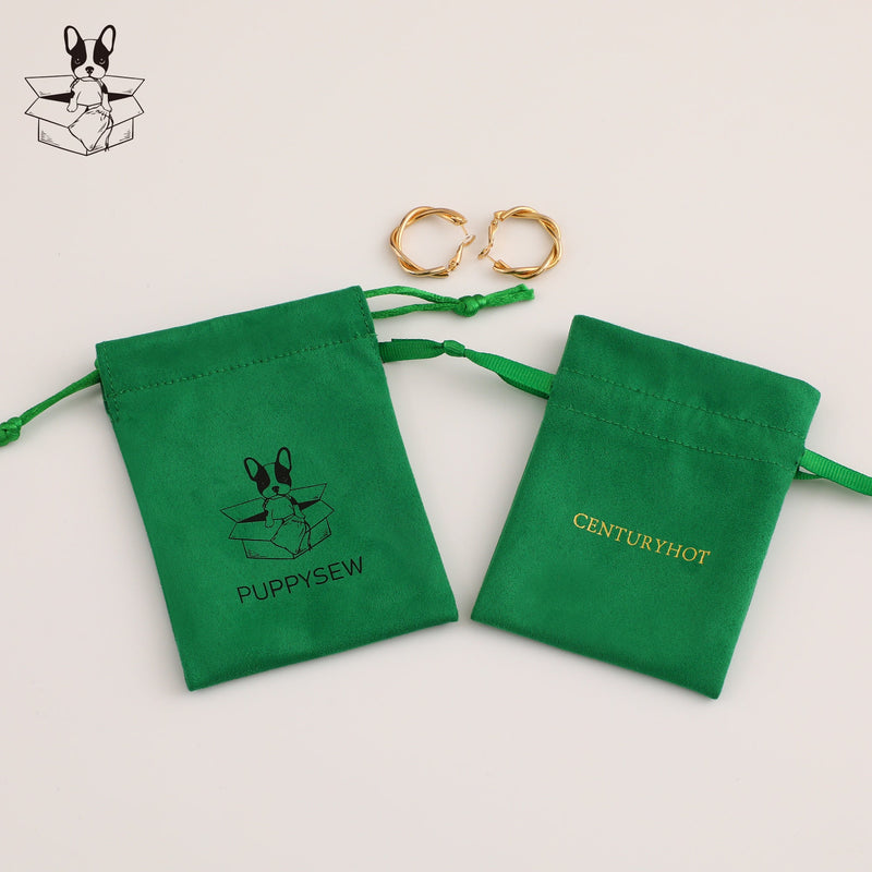 Personalized Green Suede Drawstring Bag, Custom Logo Jewelry Pouch-zoom-